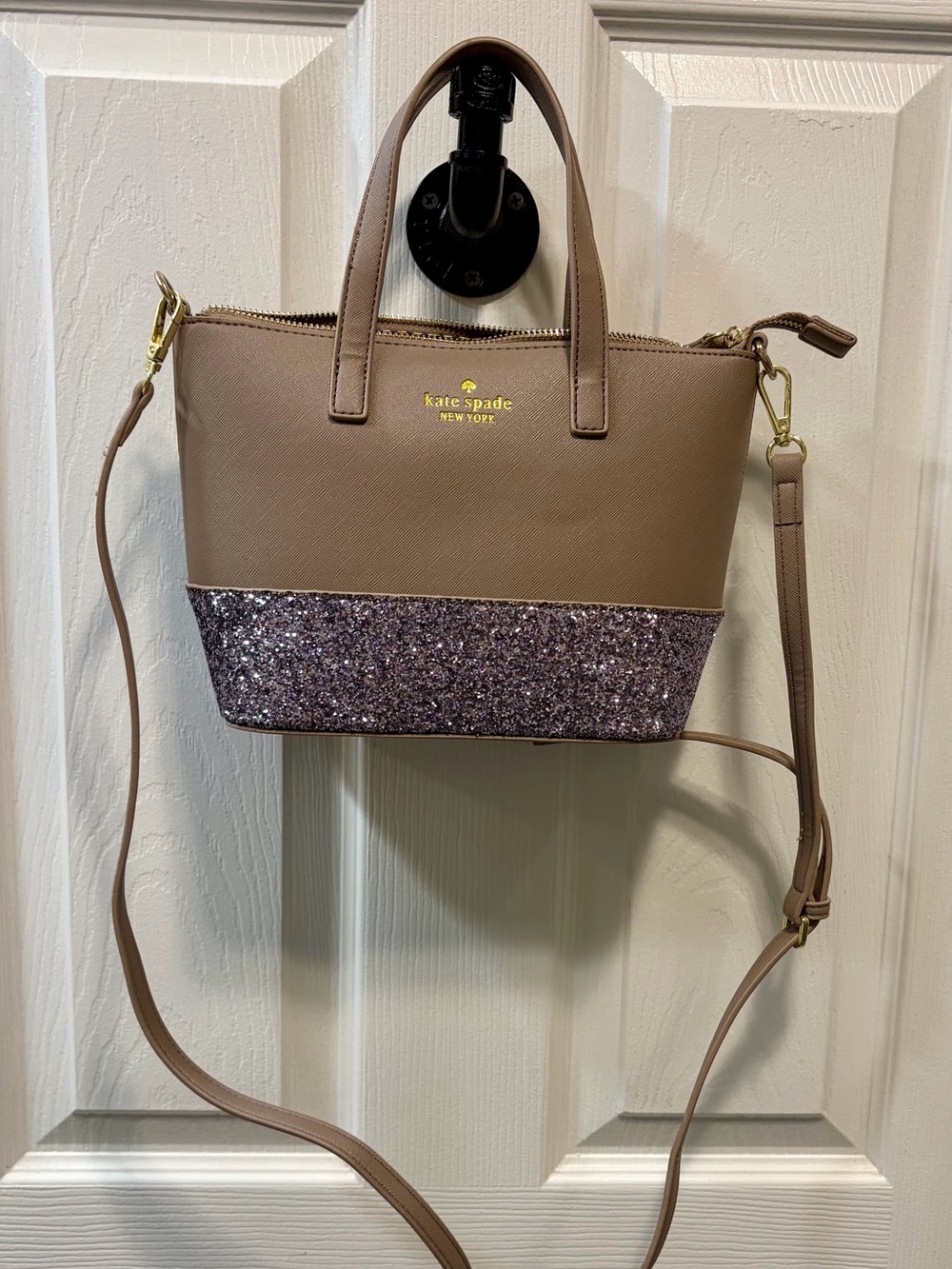 kate spade Greta Court Ina Satchel/Crossbody with Purple Glitter & Grey Leather